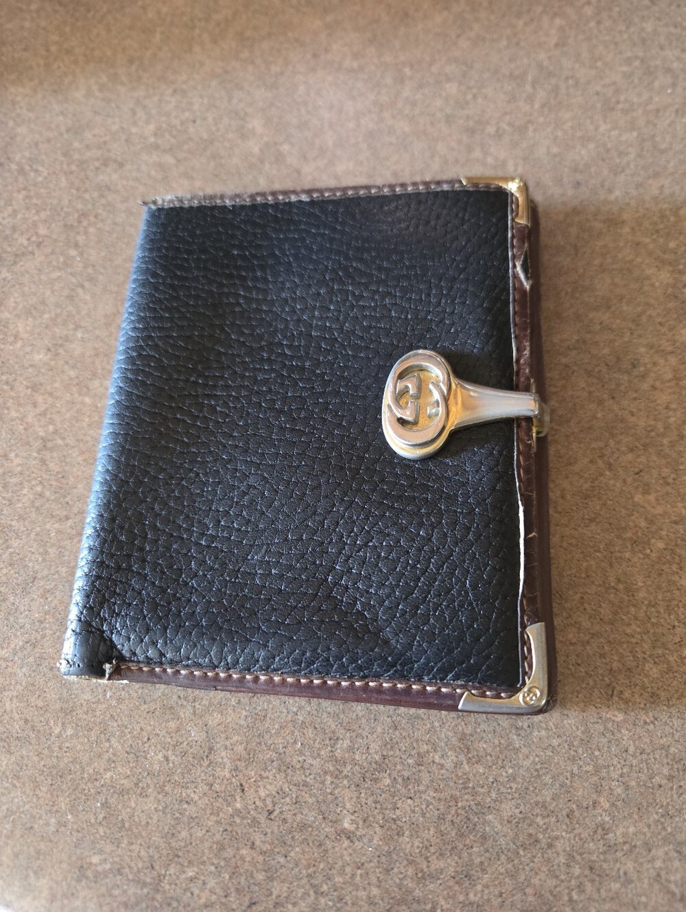 Gucci Bi Fold Wallet 70s Black & Brown Leather With Outer Snap Pouch